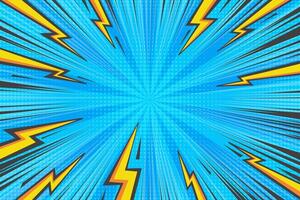 Comic cartoon thunder power background. Pop art abstract graphic with lightnings and light burst. Manga book illustration with explosion and halftone effect. Speed lines radial rays anime frame vector