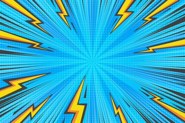 Comic cartoon thunder power background. Pop art abstract graphic with lightnings and light burst. Manga book illustration with explosion and halftone effect. Speed lines radial rays anime frame