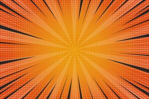 Pop art background with starburst rays of light and halftone effect. Abstract radial explosion manga backdrop. Orange retro anime striped pattern. vector