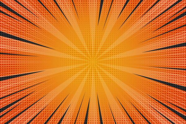 Pop art background with starburst rays of light and halftone effect. Abstract radial explosion manga backdrop. Orange retro anime striped pattern.