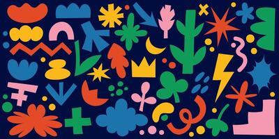 Abstract shapes. Organic graphic with funky stickers of stars flower and clouds. Doodle blobs and cute hand drawn playful trendy art. 90s design set with aesthetic elements and figures. vector