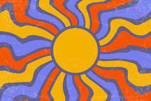 Sunrays retro background. Summer 70s poster. Abstract groovy design with grunge texture. Old paper banner with orange and purple spiral beams on dark backdrop. vector