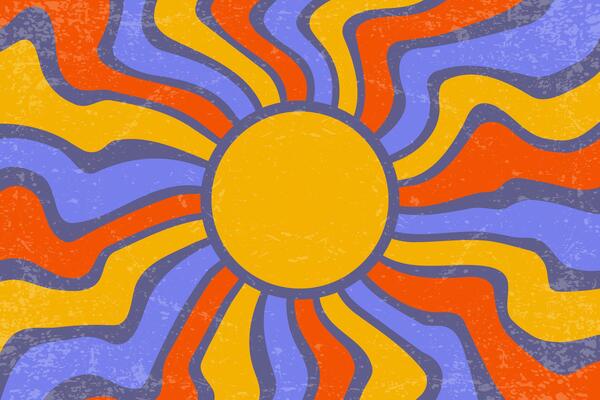 Sunrays retro background. Summer 70s poster. Abstract groovy design with grunge texture. Old paper banner with orange and purple spiral beams on dark backdrop.