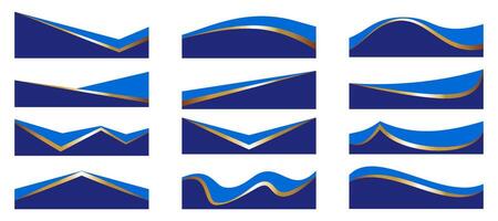 Border shapes for banner design. Blue header sections with golden lines. Abstract bottom background for web page. Curved divider templates. Wavy horizontal separator set vector