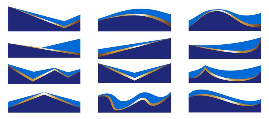 Border shapes for banner design. Blue header sections with golden lines. Abstract bottom background for web page. Curved divider templates. Wavy horizontal separator set