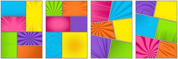 Comic book frame. Colored manga template. Pop art cartoon page with grid and boxes on white backdrop. Anime cover with explosion speed lines and halftone effect for storyboard. vector