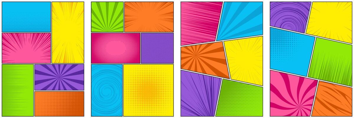 Comic book frame. Colored manga template. Pop art cartoon page with grid and boxes on white backdrop. Anime cover with explosion speed lines and halftone effect for storyboard.