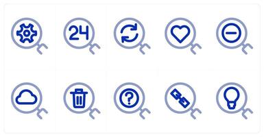 A set of 10 search icons as search settings, 24x7 search, refresh search vector