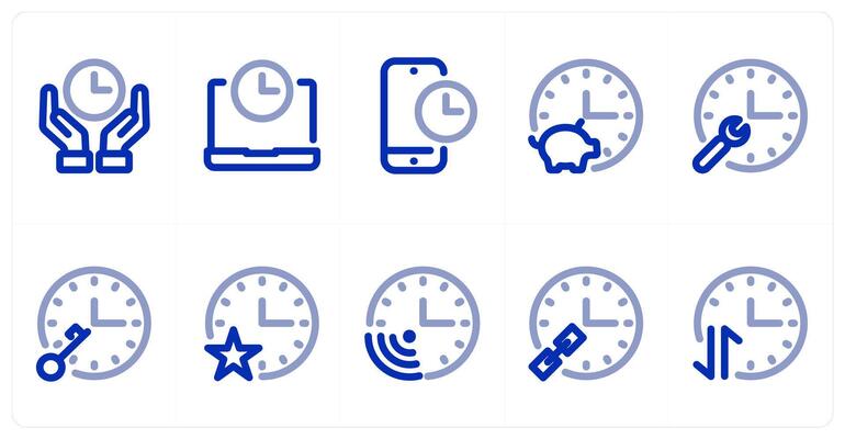 A set of 10 time icons as time, laptop time, mobile time