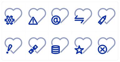 A set of 10 heart icons as heart settings, heart alert, heart mail vector