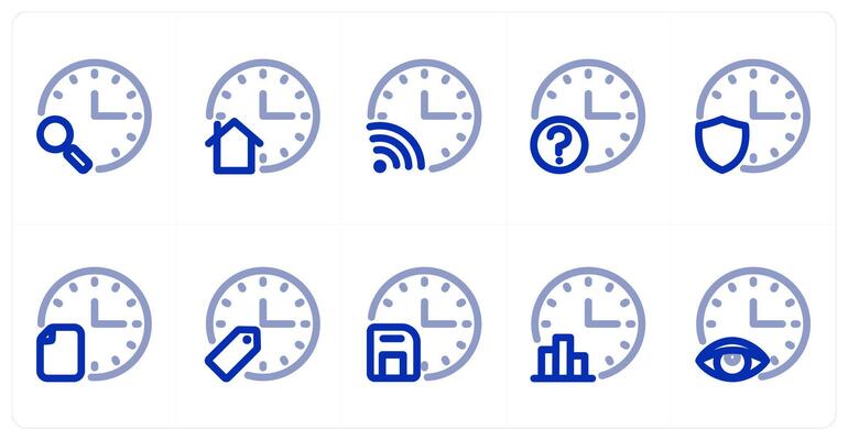 A set of 10 time icons as search time, home time, wifi time