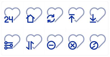A set of 10 heart icons as 24x7 heart, heart home, heart refresh vector