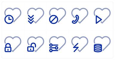 A set of 10 heart icons as heart time, heart, heart prohibited, heart call vector
