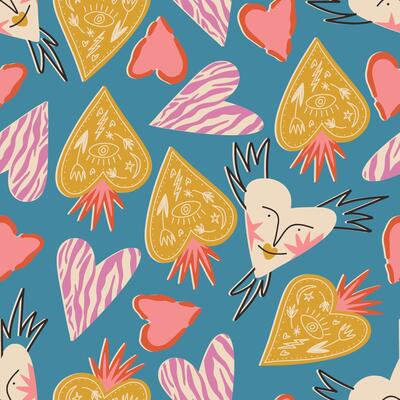 Quirky hearts seamless pattern, cartoon flat illustration on blue background. Funky hearts with face and zebra print. Concepts of love and Valentines day.