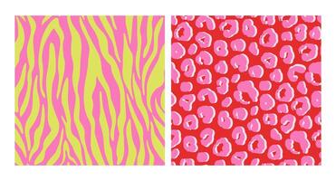 Set of abstract animal skin stylized seamless patterns, flat illustration. Colorful Y2K backgrounds of zebra and leopard prints. Red, green and pink colors. vector