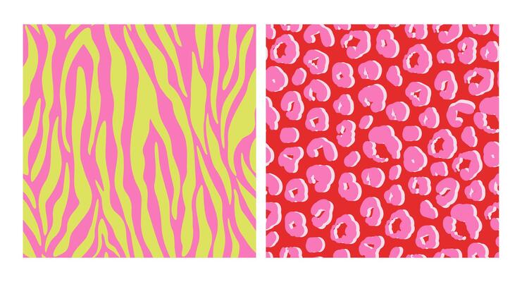 Set of abstract animal skin stylized seamless patterns, flat illustration. Colorful Y2K backgrounds of zebra and leopard prints. Red, green and pink colors.
