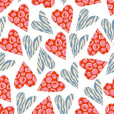 Seamless pattern with hearts with zebra and leopard print, cartoon flat illustration on white background. Groovy pattern. Concepts of love and Valentines day.