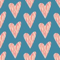 Seamless pattern with hearts and zebra print, cartoon flat illustration on blue background. Groovy pattern. Concepts of love and Valentines day. vector