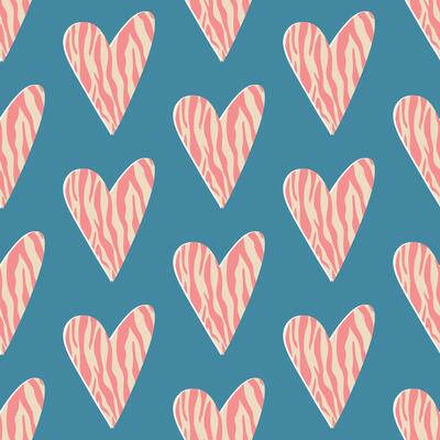 Seamless pattern with hearts and zebra print, cartoon flat illustration on blue background. Groovy pattern. Concepts of love and Valentines day.
