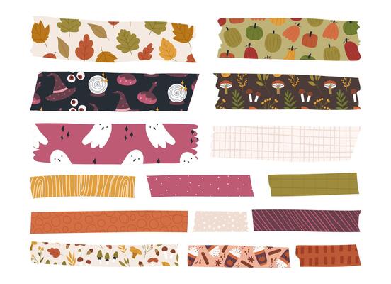 Set of colorful washi tapes, cartoon flat illustration isolated on white background. Cute adhesive tape for planner, journaling and scrapbook. Autumn and Halloween themed leaves, pumpkins.
