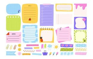 Set of colorful notes and memos for planner and journaling, flat illustration isolated on white background. Cute cartoon washi tapes and pins. Stickers for diary. vector