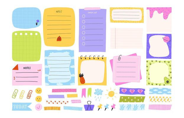 Set of colorful notes and memos for planner and journaling, flat illustration isolated on white background. Cute cartoon washi tapes and pins. Stickers for diary.