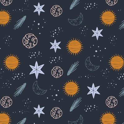pattern with hand drawn planets, stars and comets.