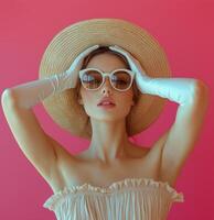 Stylish model posing in summer fashion with pink background and wide-brimmed hat photo