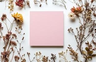 Elegant display of dried flowers surrounding a pink square canvas on a white background photo