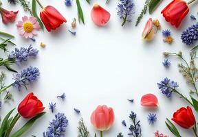 Colorful spring flowers arranged in a circular pattern around a blank space on a white background photo