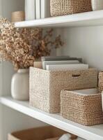 organizando decoración con tejido cestas y seco flores en estantería en un brillante habitación foto