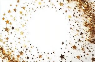 Golden star shapes scattered on white background for decorations and celebrations photo