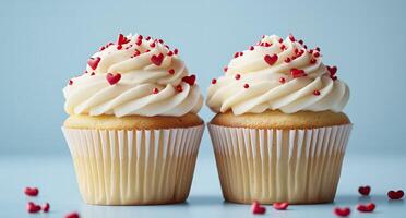 Cupcakes with white frosting and red heart sprinkles on light blue background in a bakery setting photo