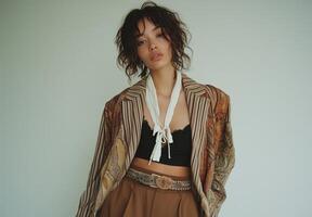 Stylish centerpiece showcasing a model in a unique outfit against a minimalist backdrop photo