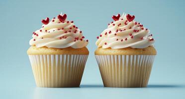 Delicious cupcakes with creamy frosting and heart-shaped sprinkles on a pastel background photo