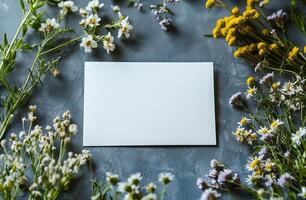 Flat white envelope surrounded by various colorful wildflowers on gray surface in soft natural light photo
