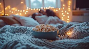 Cozy movie night with popcorn and fairy lights in a warm bedroom setting photo