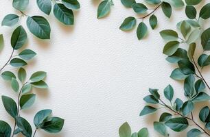 Green leaves arranged in a decorative border on a light textured background photo