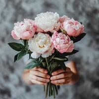 Beautiful bouquet of peonies held by hands against a textured gray background photo