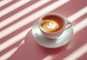 Enjoying coffee with beautiful latte art on a pink table during morning sunlight photo