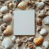 Collection of seashells arranged around a blank canvas on sandy beach photo