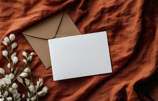 Elegant flat lay of a blank card and envelope with flowers on a textured fabric background photo