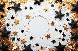 Decorative arrangement of gold and black stars on a white background for celebration or event photo