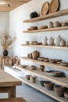 Handmade pottery displayed on wooden shelves in a minimalist interior design setting photo