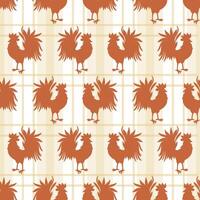 Rooster Silhouette Seamless Pattern Design with Plaid Ornament on Background vector
