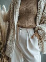 Cozy winter outfit featuring knitwear and stylish trousers in a modern indoor setting photo