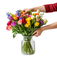 Florist Arranging Colorful Spring Bouquet in Glass Vase Against Transparent Background for Flower Shop Promotions or Event Decorations png