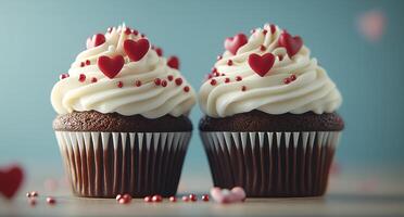 Delicious heart-themed cupcakes on a light blue background for festive celebrations photo