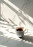 Morning coffee in a bright kitchen with shadows and light patterns photo