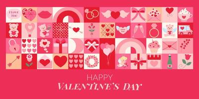 A colorful Valentine's Day card with a variety of heart shapes and other symbols. The card is pink and features a teddy bear, a car, a cupcake, and a bottle vector